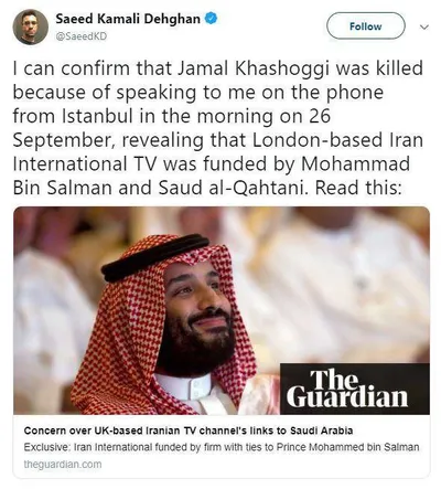 خبرنگار گاردین: منبع آگاهی که به من گفت بودجه «ایران اینترنشنال» از سوی بن‌سلمان و سعود القحطانی تامین می‌شود، خاشقجی بود / خاشقجی به دلیل همین افشاگری کشته شد